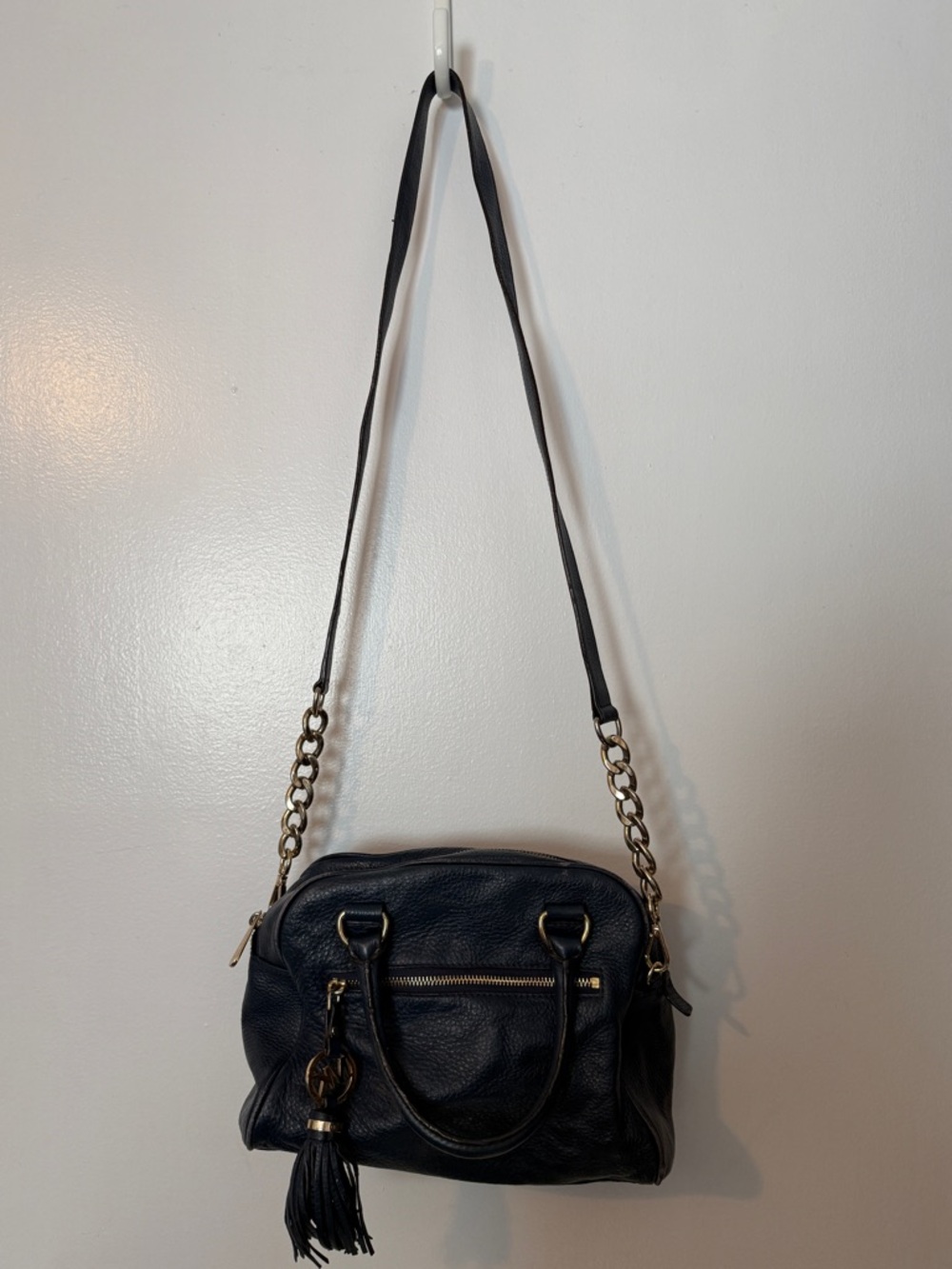 Michael Kors blue Pebbled Crossbody Bag with Gold Chain Strap and Tassel Charm